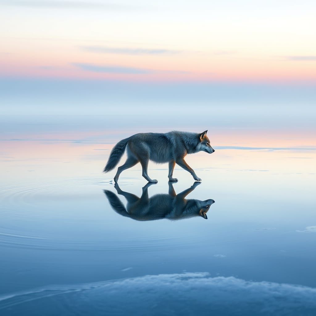 Serene Grey Wolf on Frozen Lake in Soft Pastel Hues