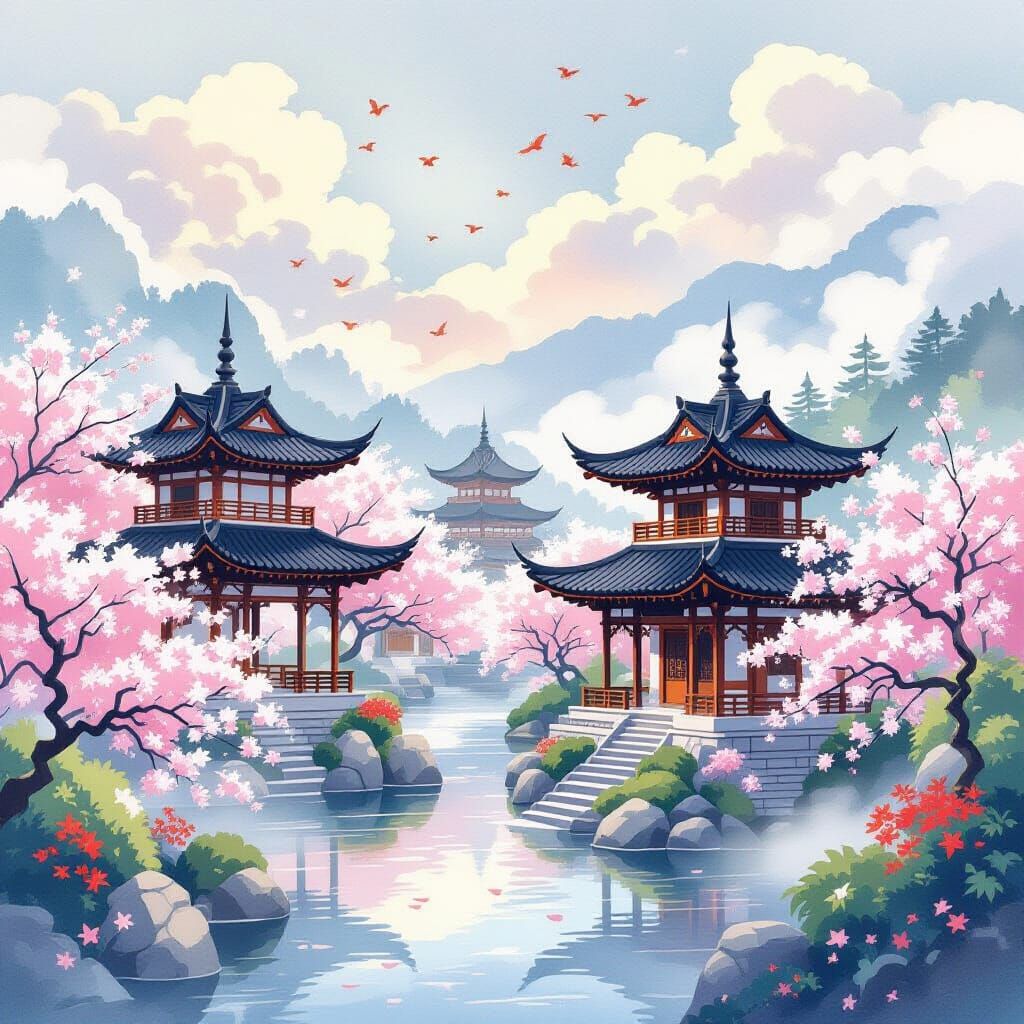 Whimsical East Asian Temple Amidst Cherry Blossoms