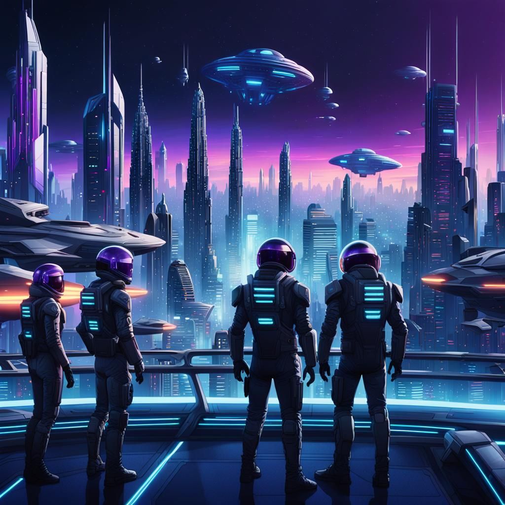 Sci-Fi Cityscape with Space Travelers in Neon Style