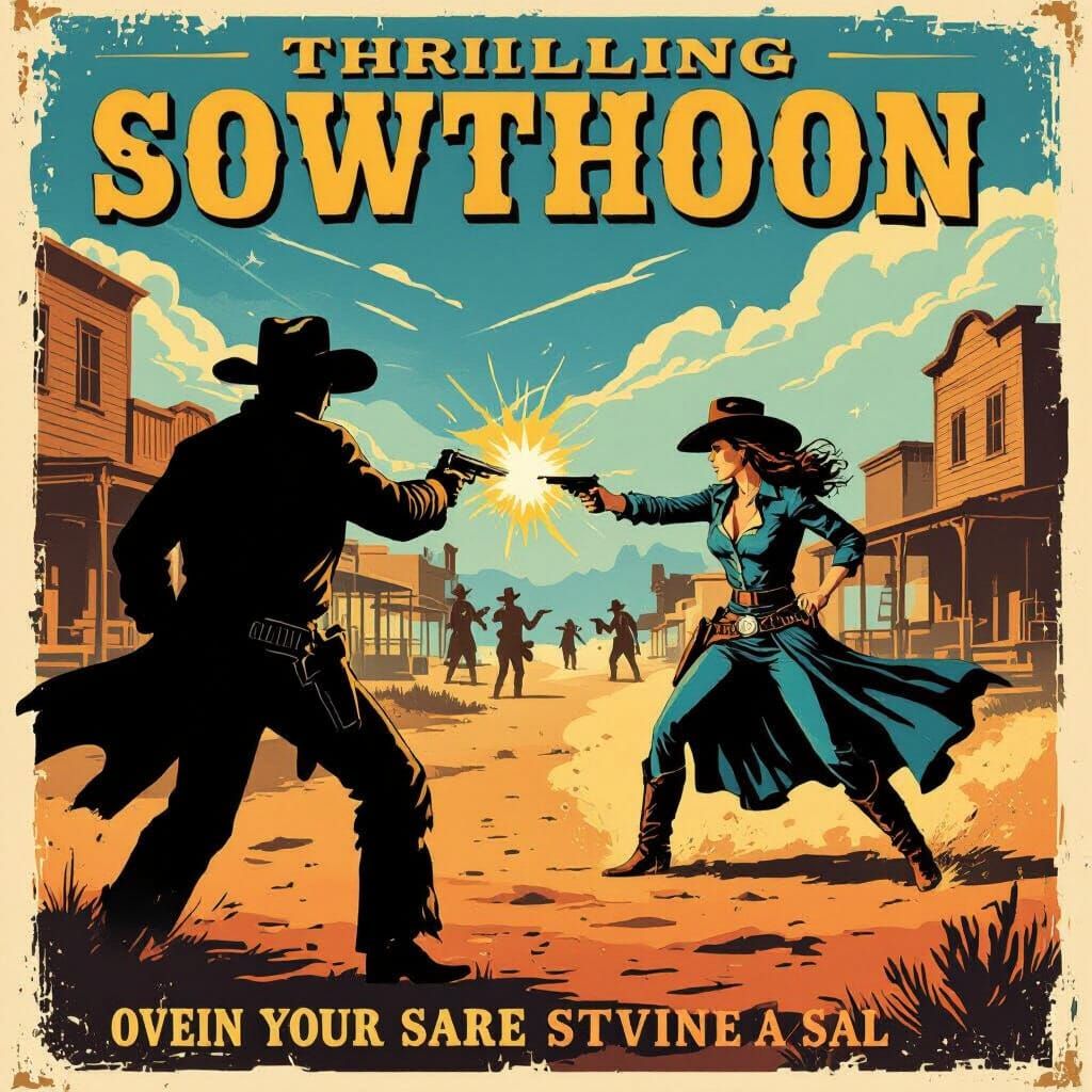 Vintage Western Movie Poster: Heroic Cowgirl Shootout