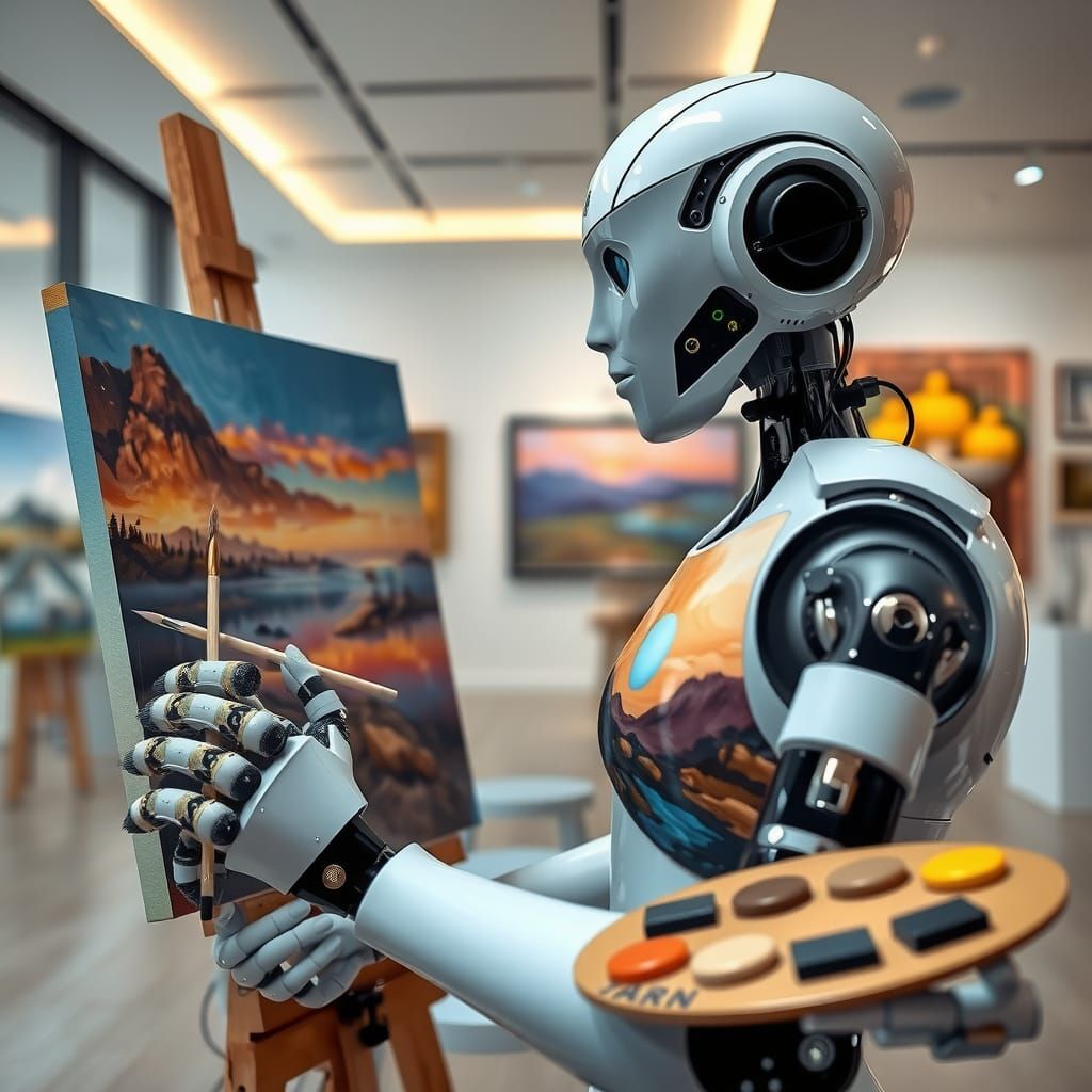 Robot Artist Paints Landscape in AI Art Gallery