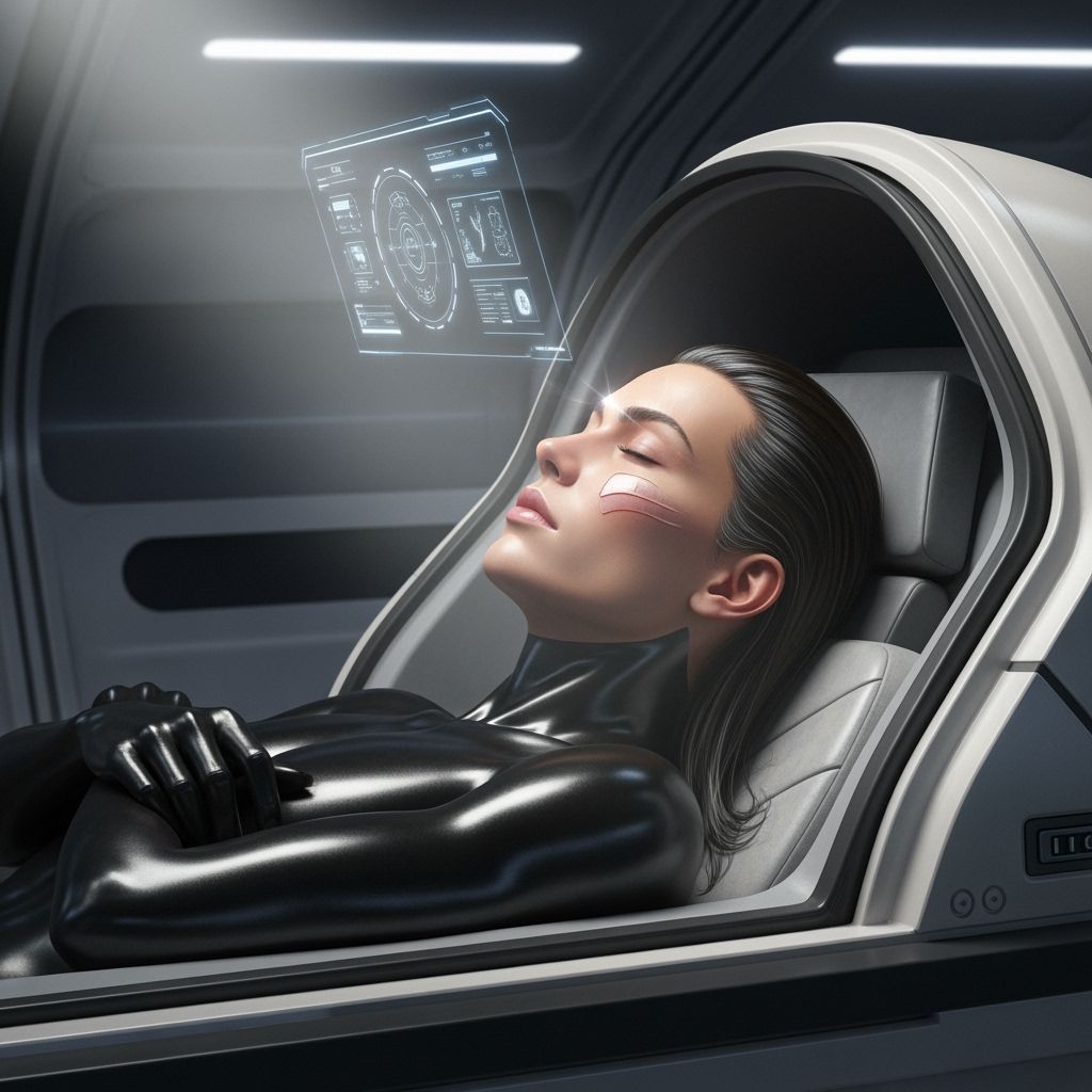 Figure Resting in Cyberpunk Spaceship Pod