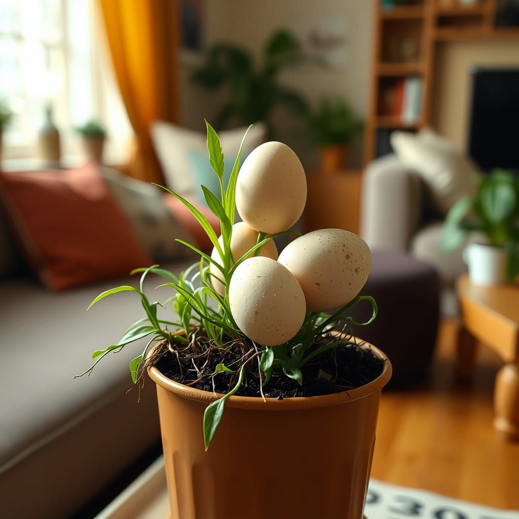 Hyperrealistic Eggs Bloom on a Small Plant in a Living Room