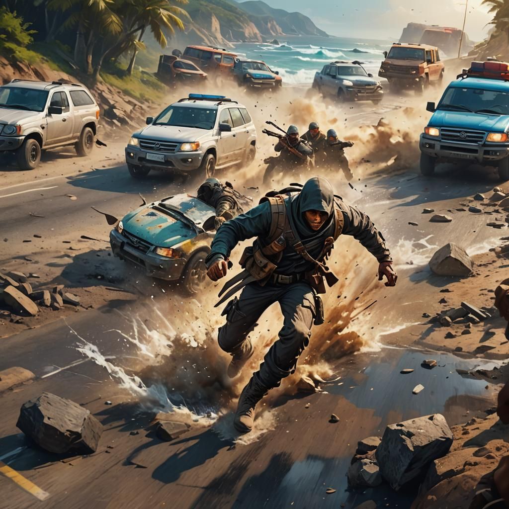 Perseus Battles Bandits: Hyperrealistic Coast Road Art