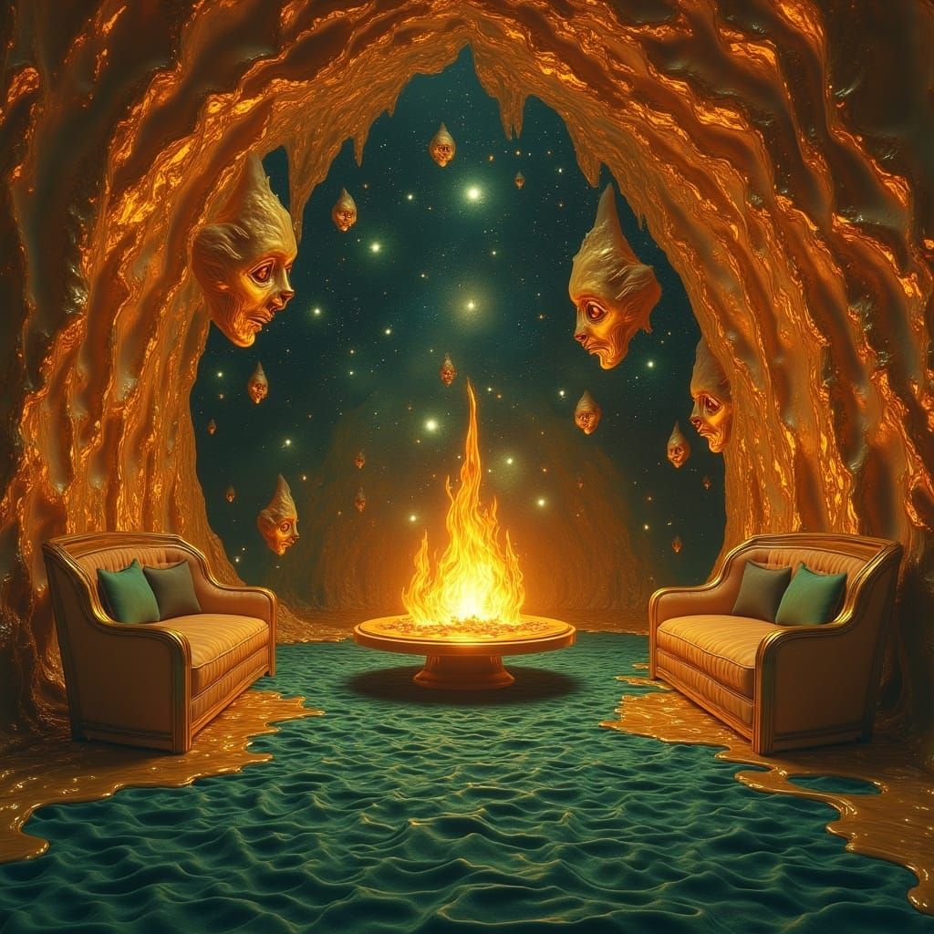 Surrealist Dreamscapes of Golden Living Rooms