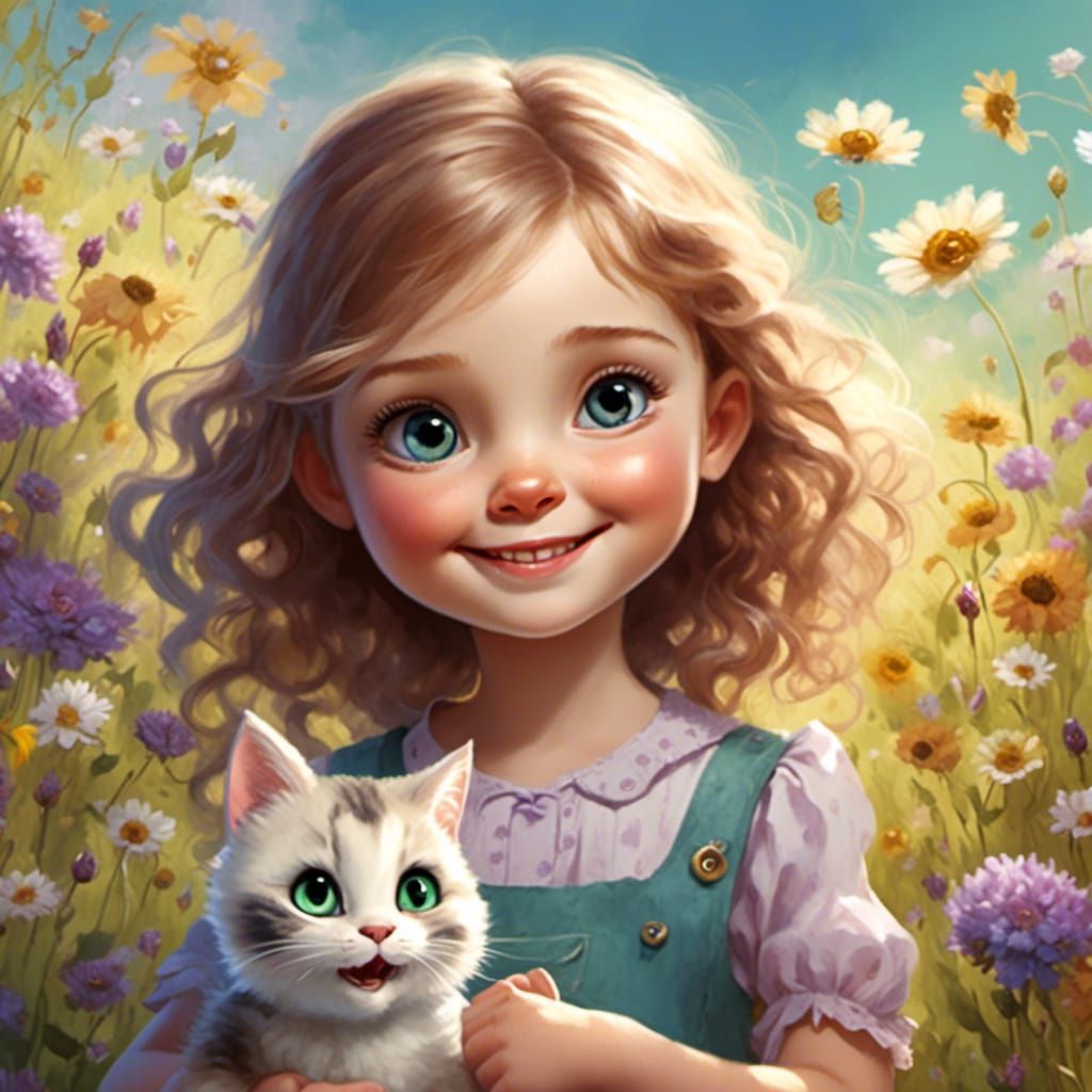 Girl with Cat in Wildflower Meadow: 3D Digital Art