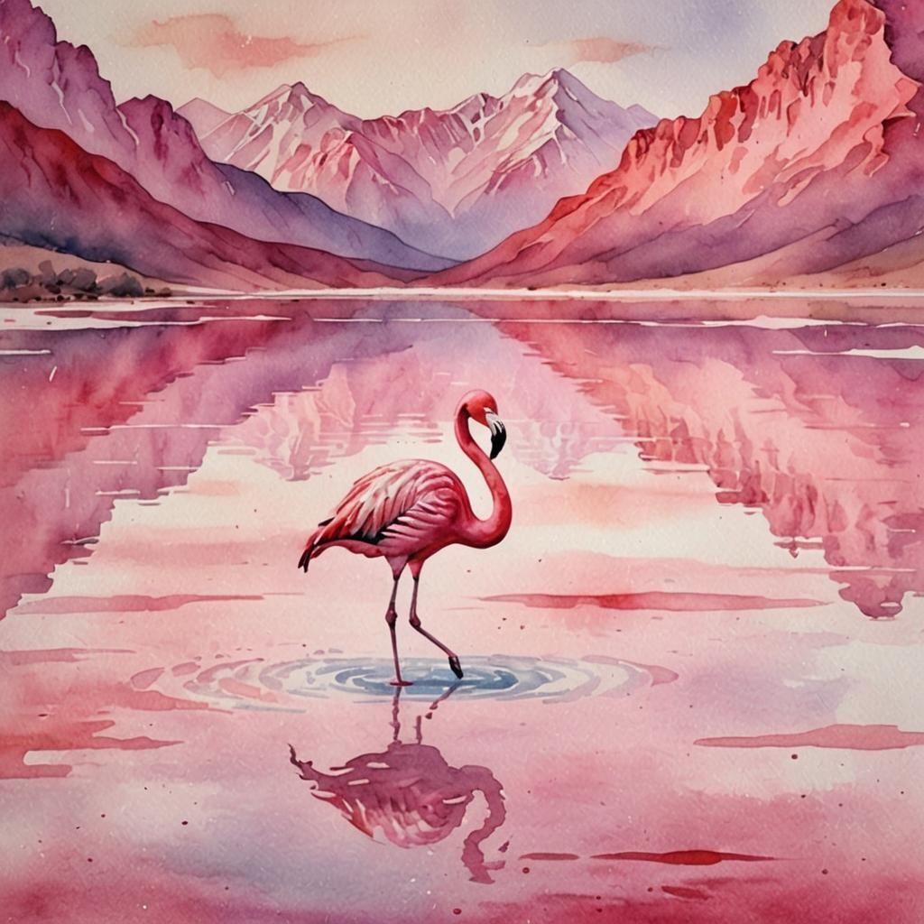Pink Flamingo in a Glowing Lagoon: Romantic Watercolor