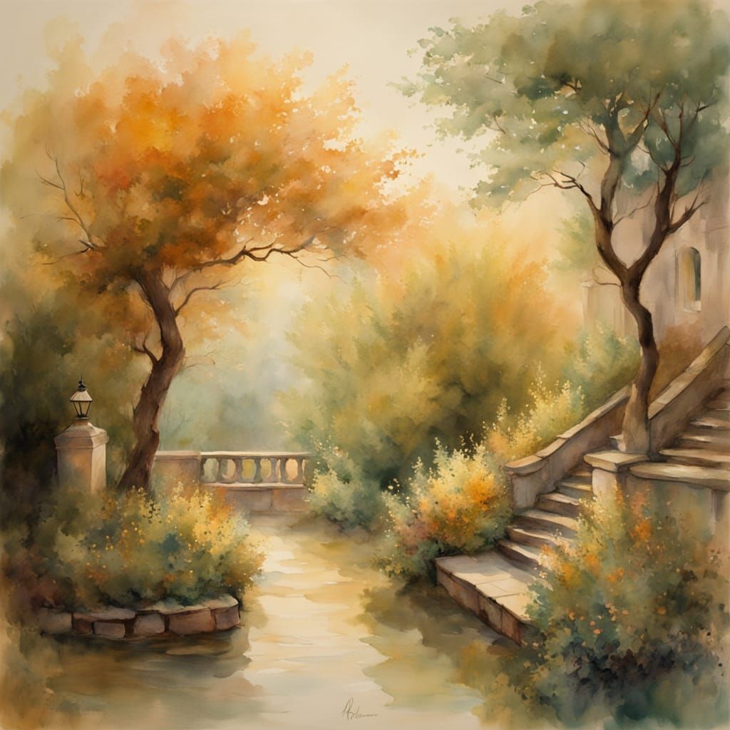 Whimsical Old Town Street Scene in Soft Watercolor