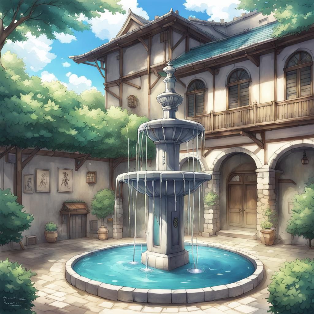 Ornate Stone Fountain in Anime Style Courtyard