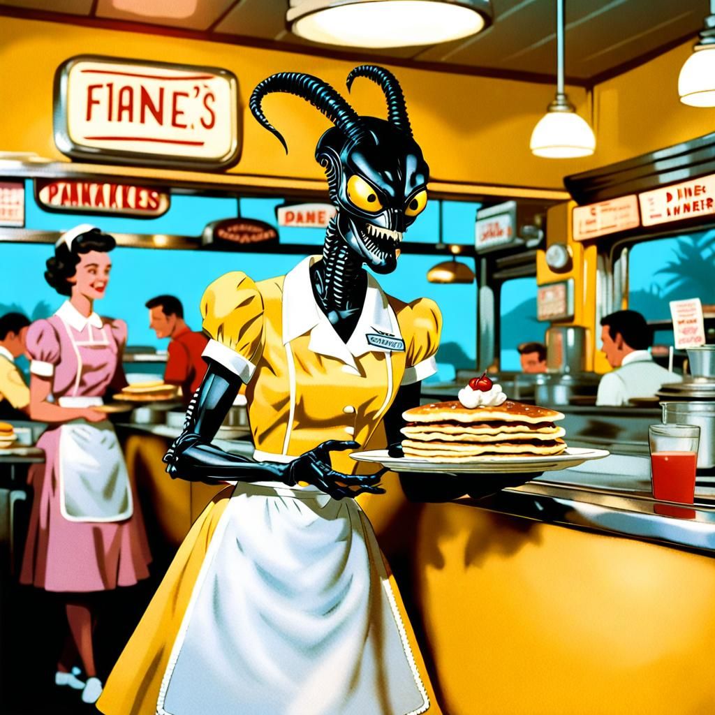 Xenomorph Waitress Serving Pancakes in 1950s Diner
