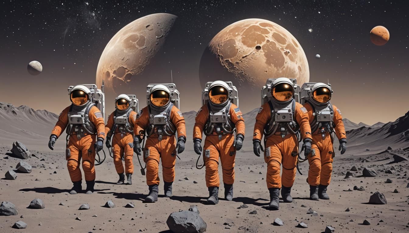 Orange Astronauts on Airless Moon with Saturn