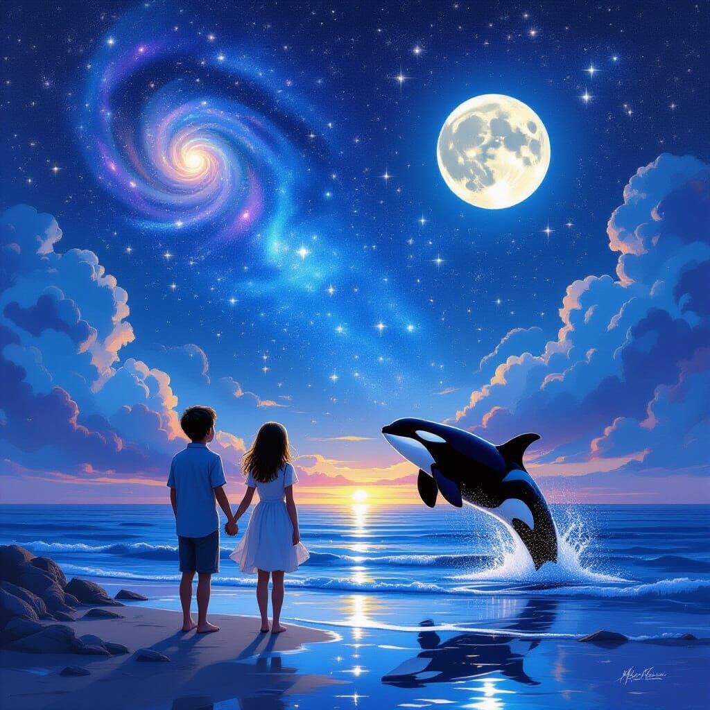 Couple Gazing at Celestial Seascape with Orca