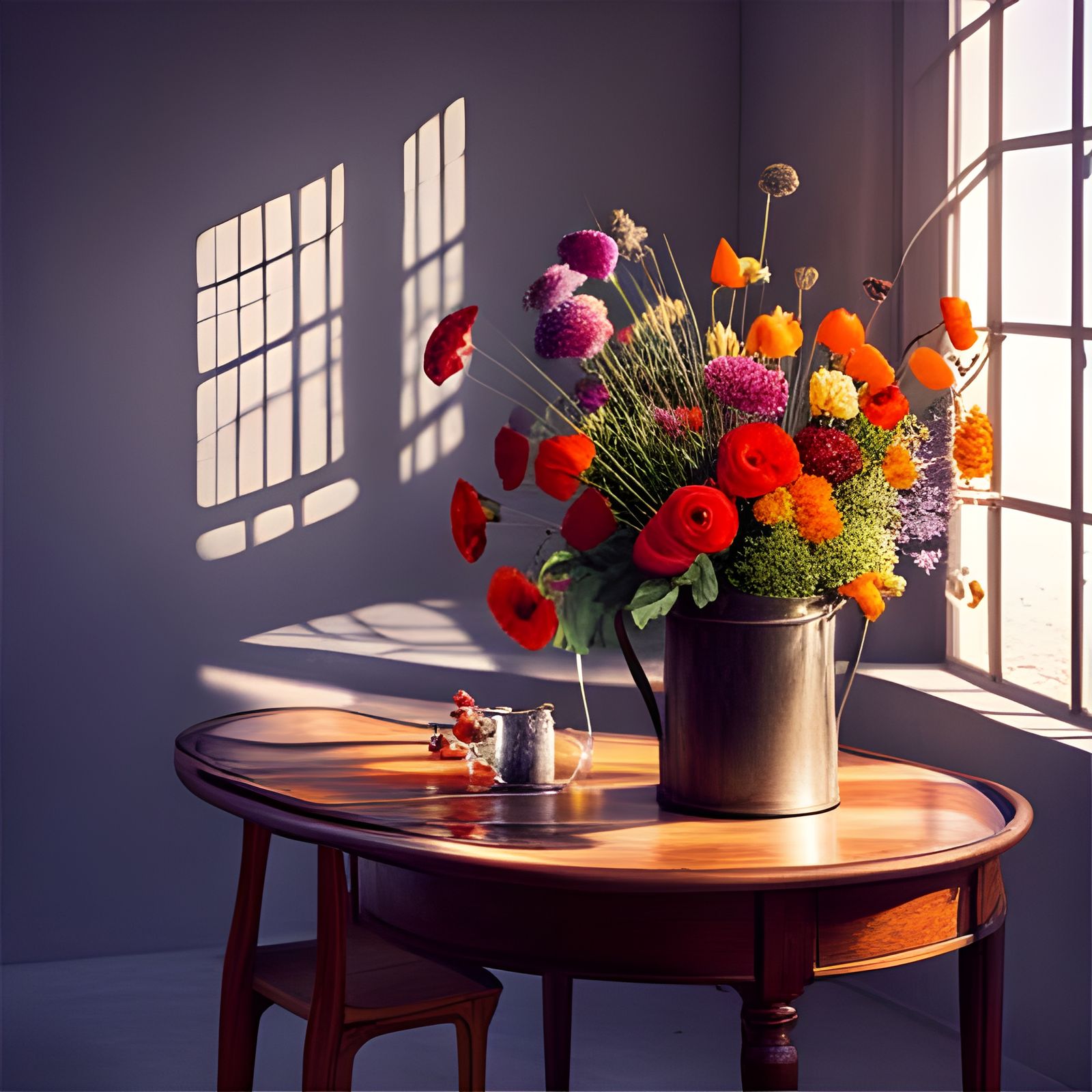 Radiant Flowers in Copper Bucket, Photorealistic Painting
