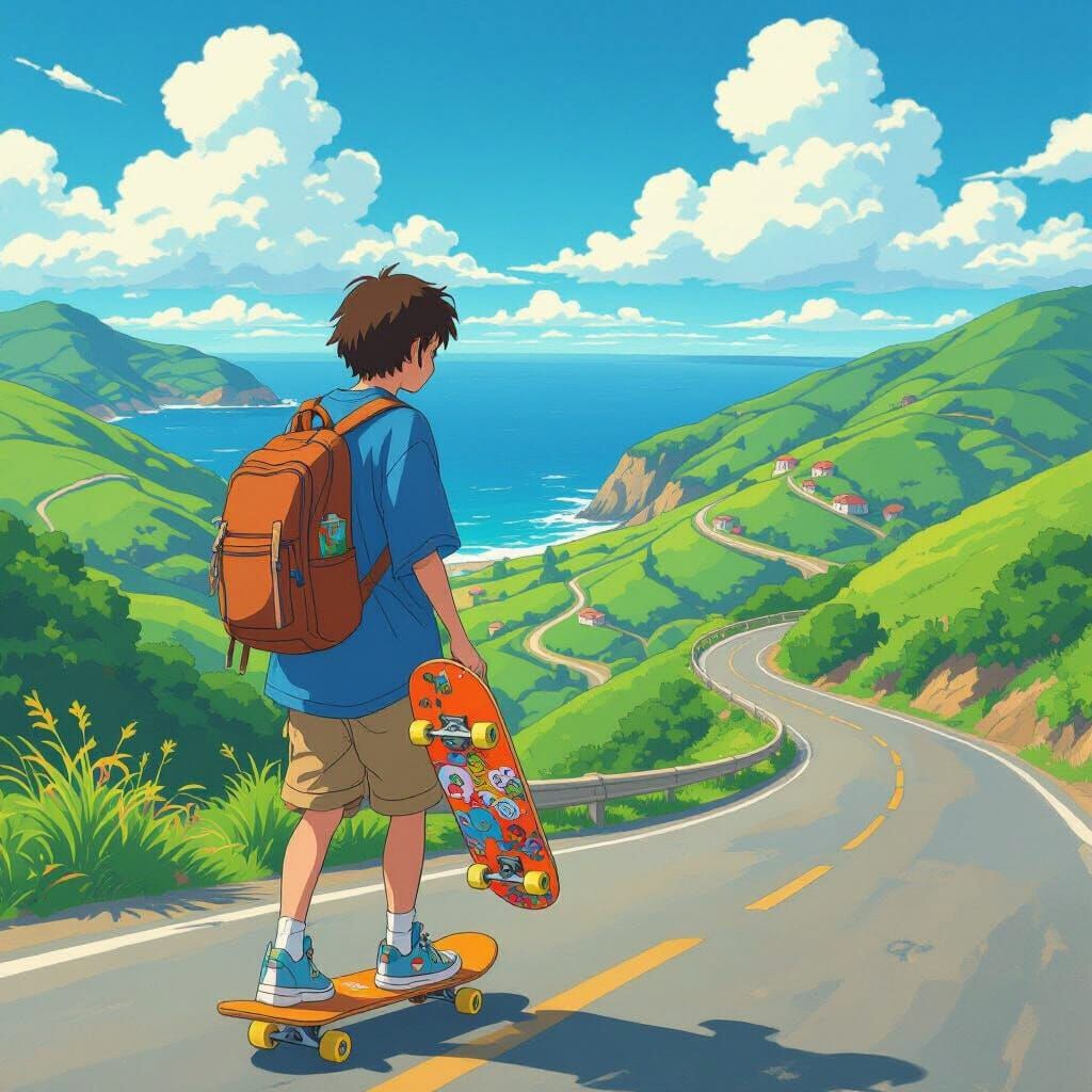 Anime Skater on Coastal Road