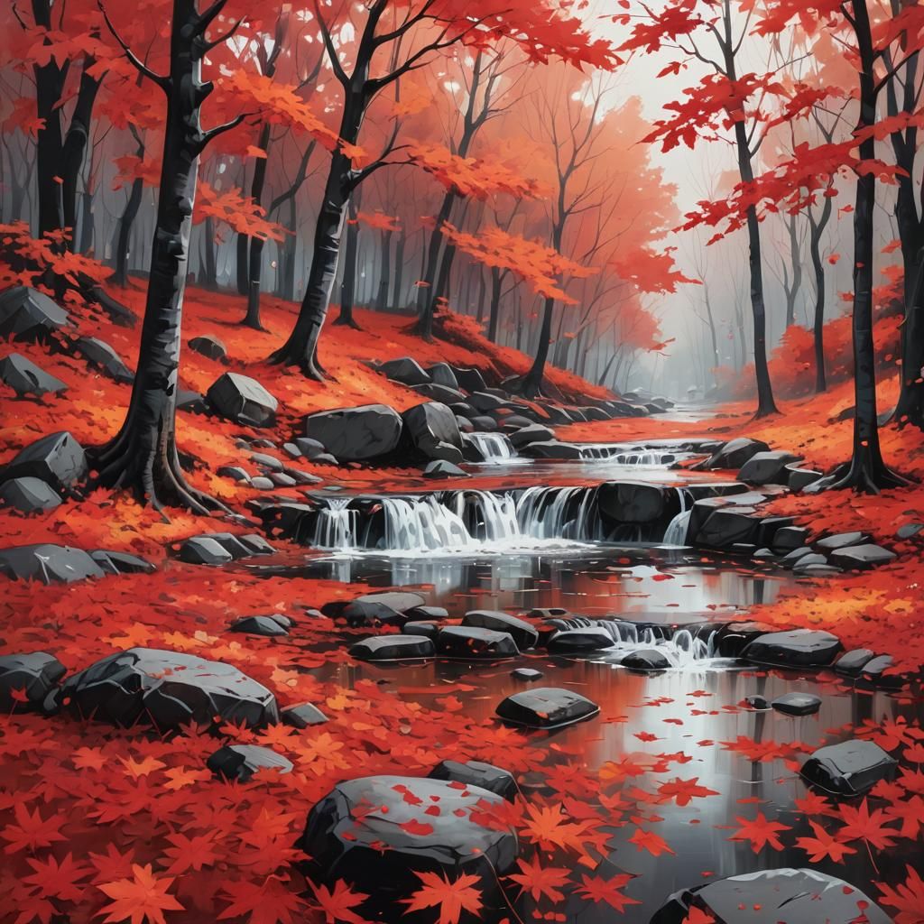 Red Autumn Landscape in Graffiti Art Style