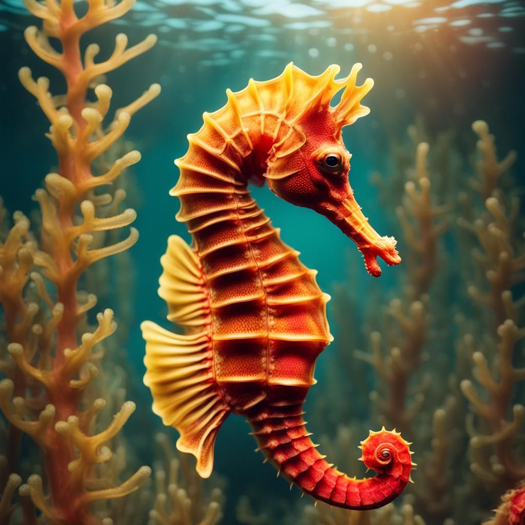 Golden and Red Seahorse Swimming Underwater