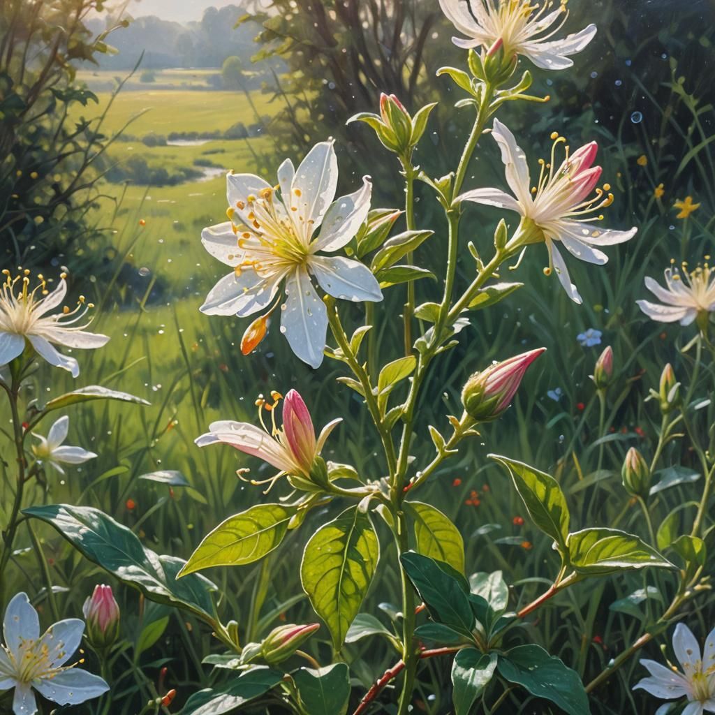 Honeysuckle Blossom in Sunlit Meadow: Oil Painting