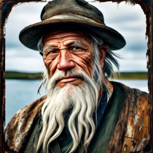 <lora:History Now and Then:1.0>
Seasoned fisherman portrait, weathered skin etched with deep wrinkles, white beard, pie...