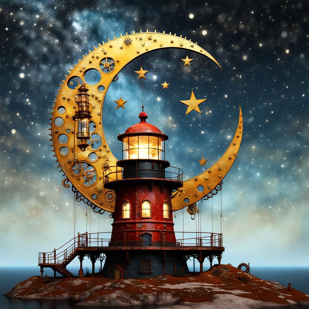 Steampunk Crescent Moon with Lighthouse in Double Exposure