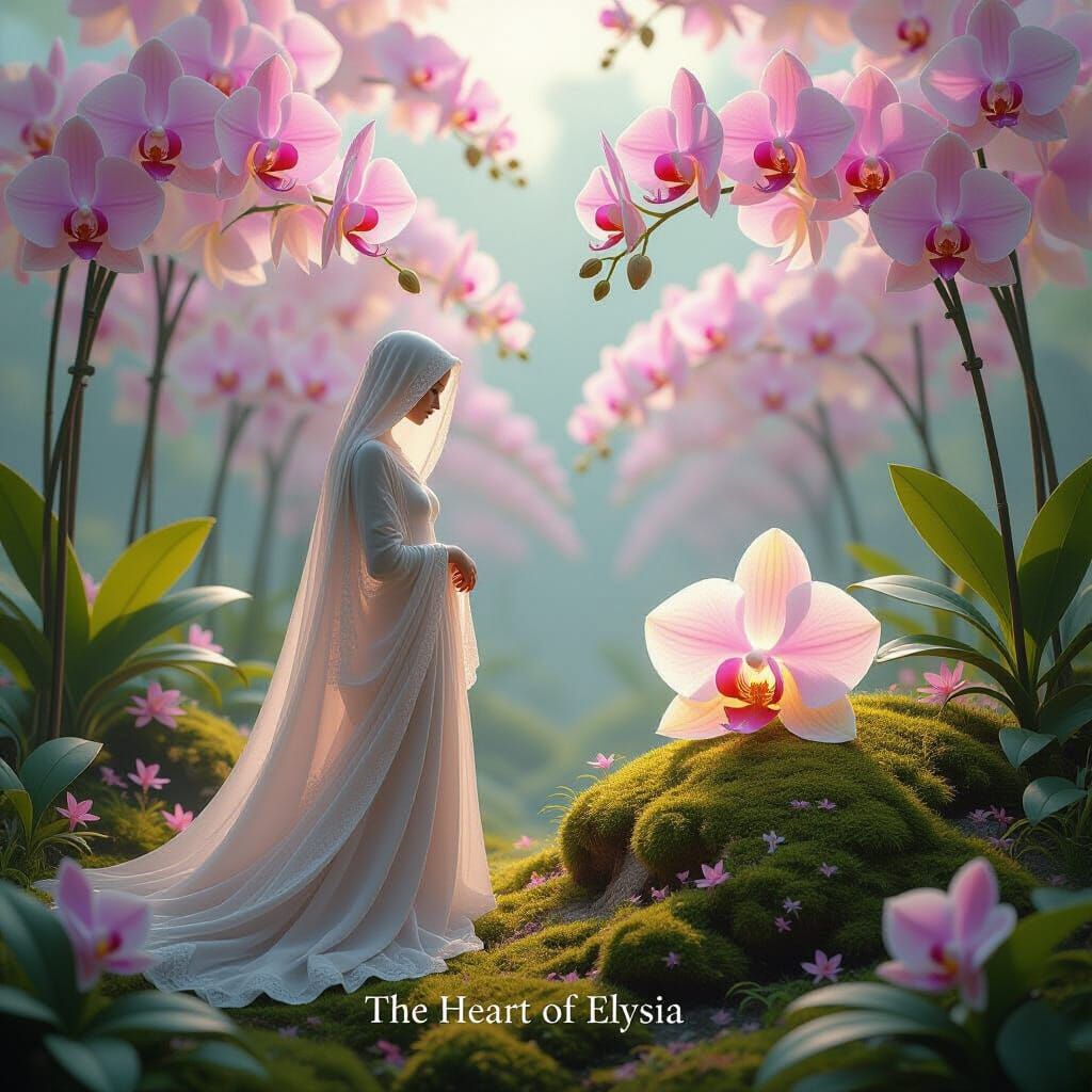 Orchid World with Figure in Dreamy Photorealistic Style