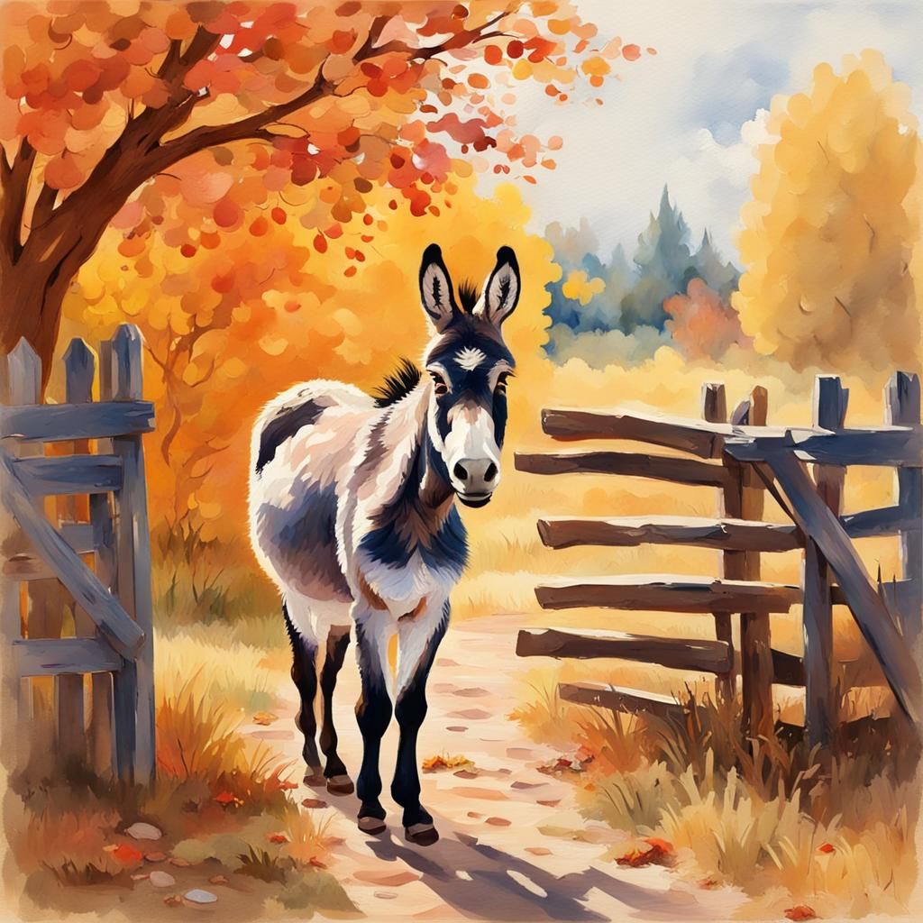 Donkey at Gate in Autumn Gouache Watercolor