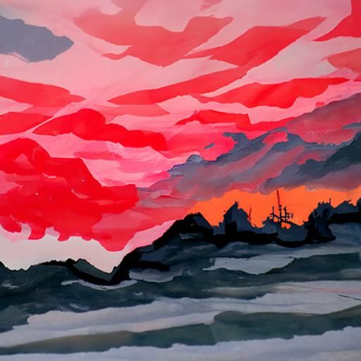 Detailed Gouache Painting: Red Sky Warning