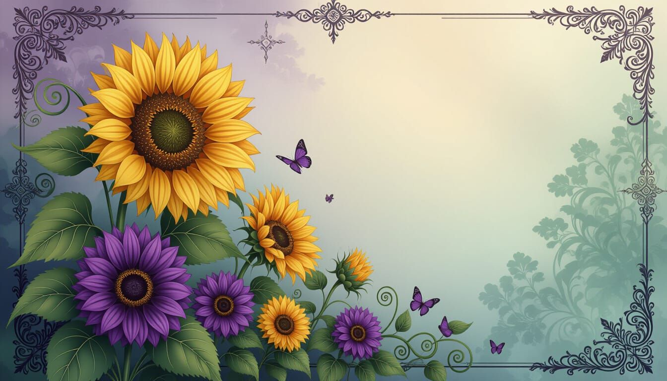 Gothic Botanical Illustration of Sunflowers and Vines