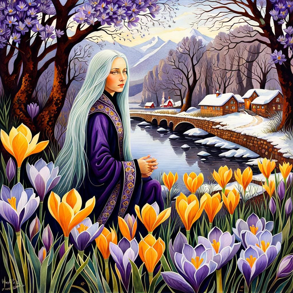 Surreal Watercolor Lady with Crocuses by River