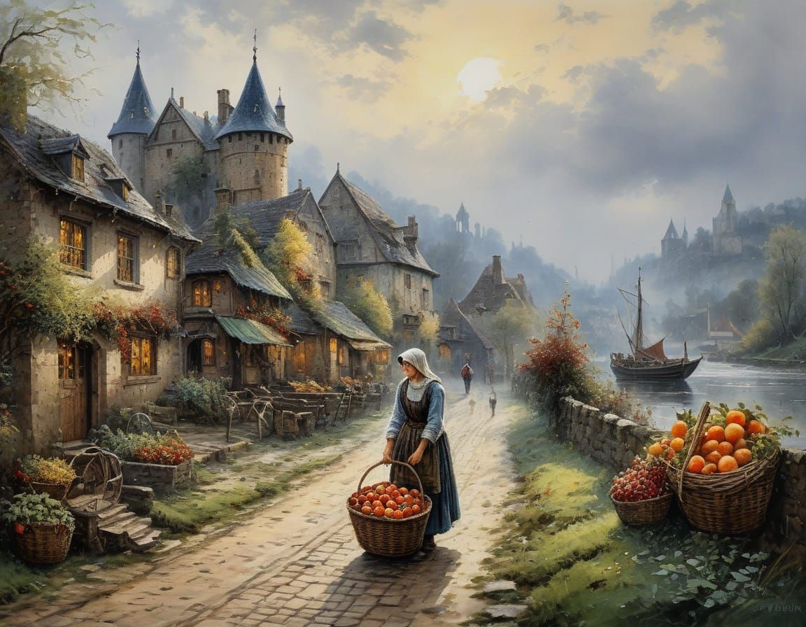 Vibrant Medieval Scene with Peasant Woman and Castle