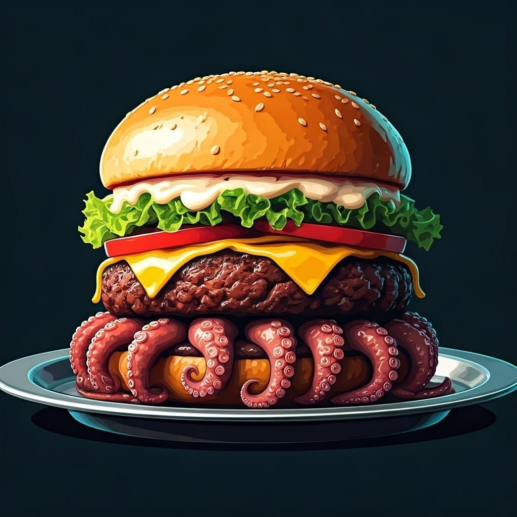Gigantic Octopus Burger in Futuristic Pop Art Style