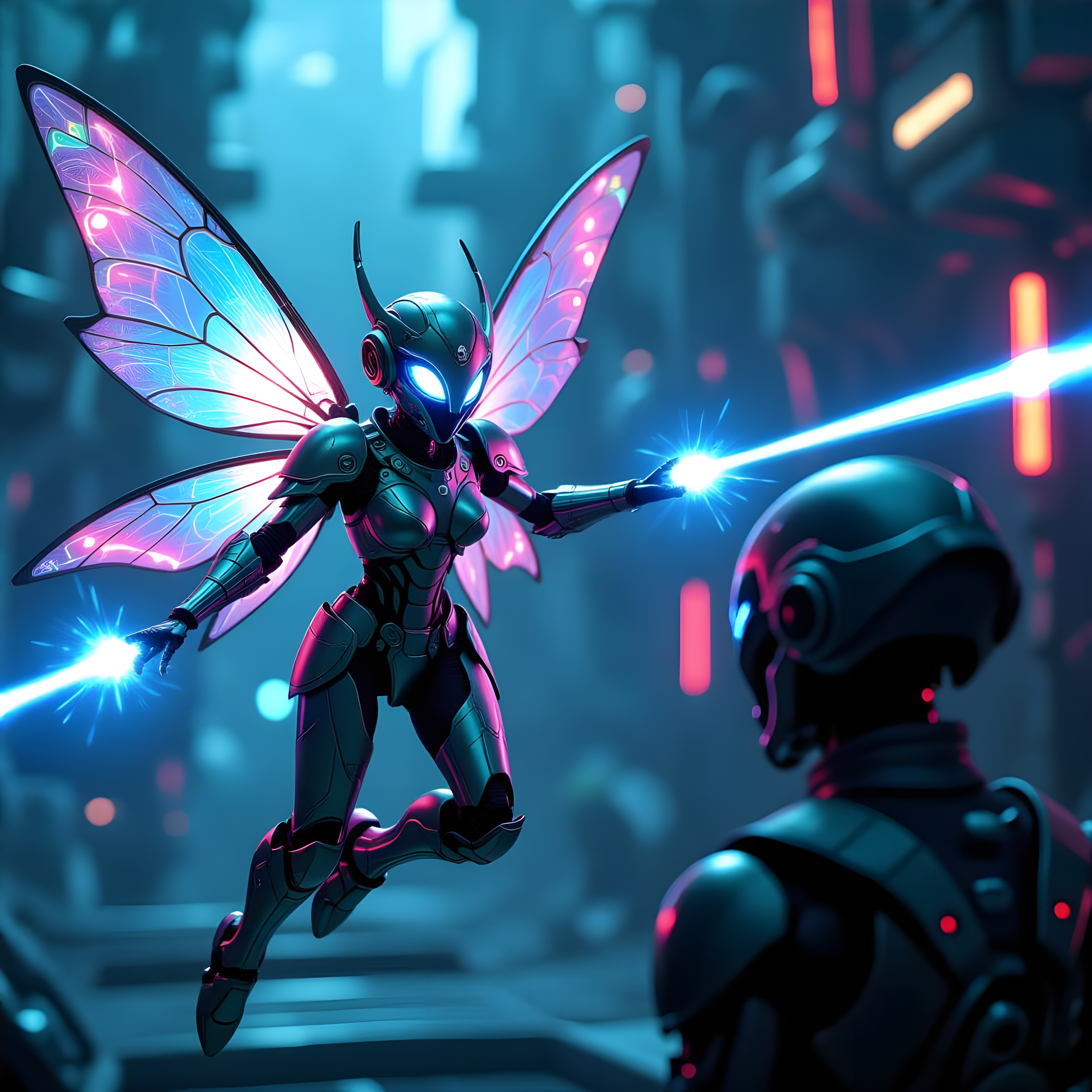 3D Robot Fairy Fires Eye Lasers at Alien