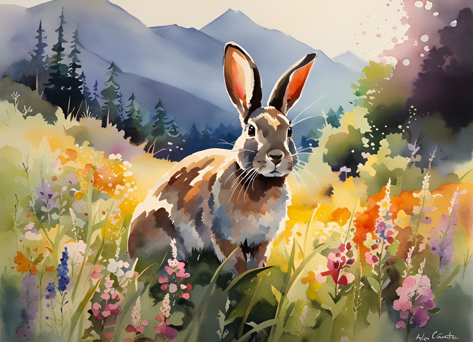 Watercolor Rabbit in Wildflower Field with Mountain