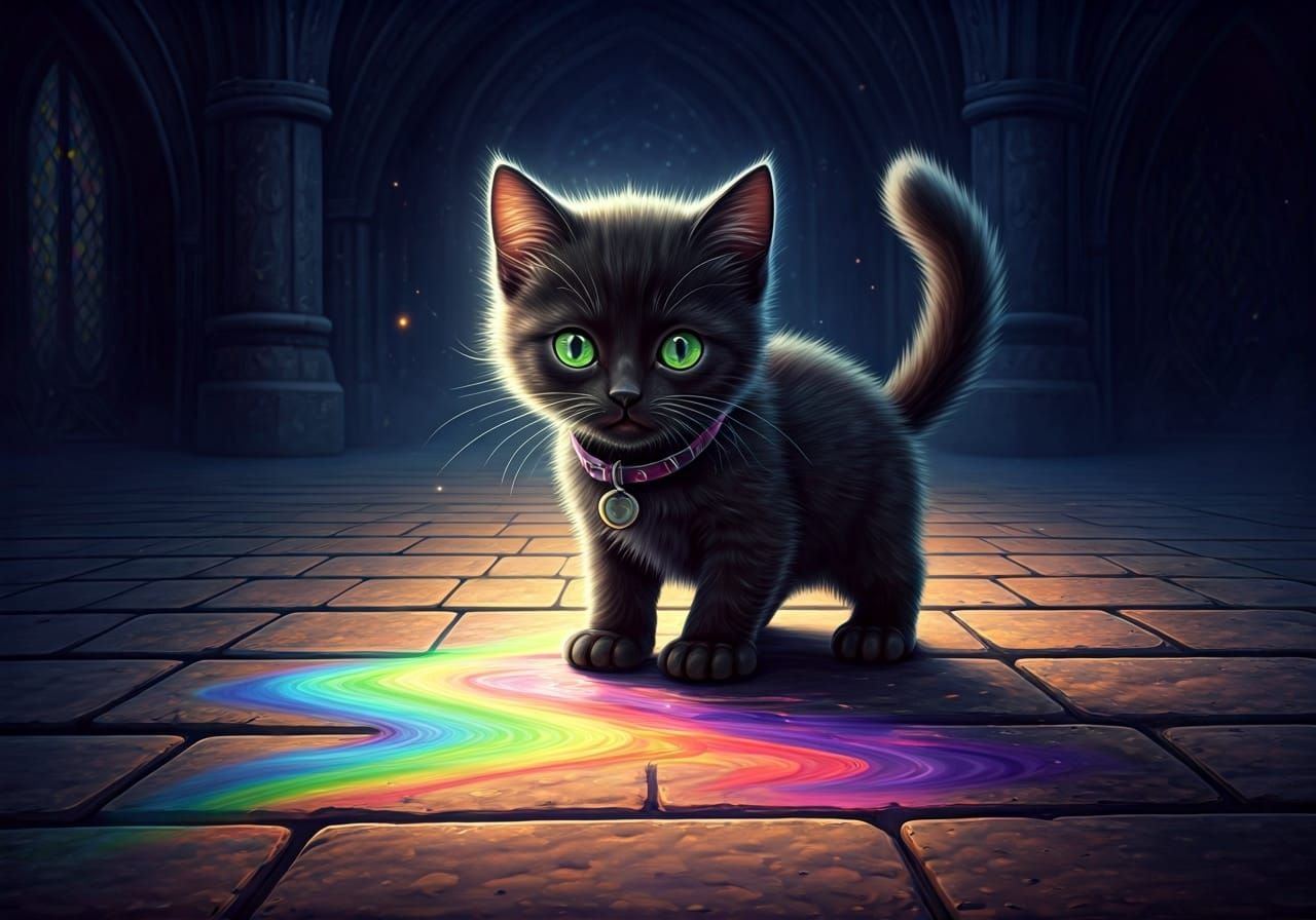 Magical Kitten Spills Rainbow Milk: Whimsical Art