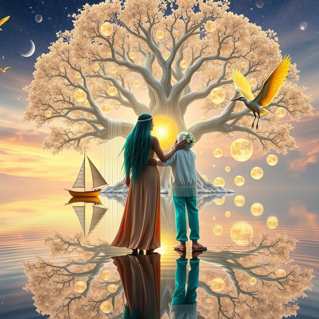 Native American Embrace Near Crystal Tree: Anime Art