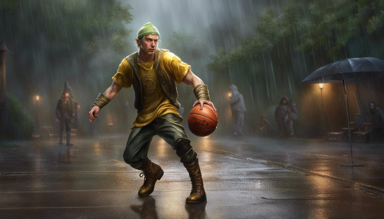 Elf Plays Basketball in Rain: Hyperrealistic Dark Fantasy