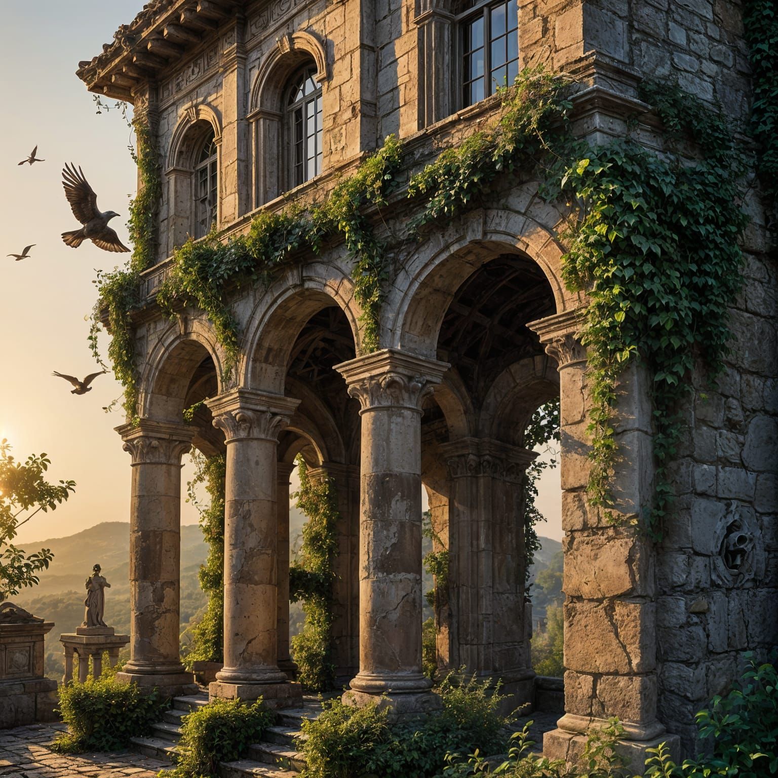 Romantic Medieval Castle Tower Enveloped in Dark Ivy at Suns...