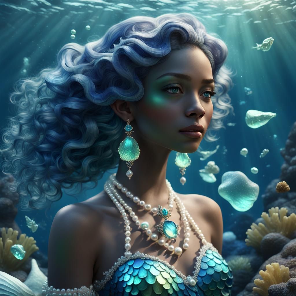 Ethereal Blue Mermaid with Pearls, Detailed Matte Painting