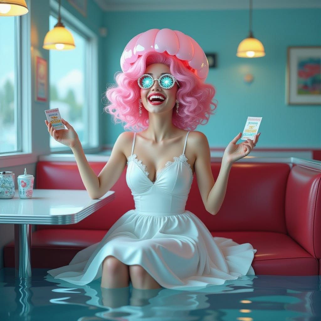 Dreamscape Woman with Crystal Eyes in Surreal Diner