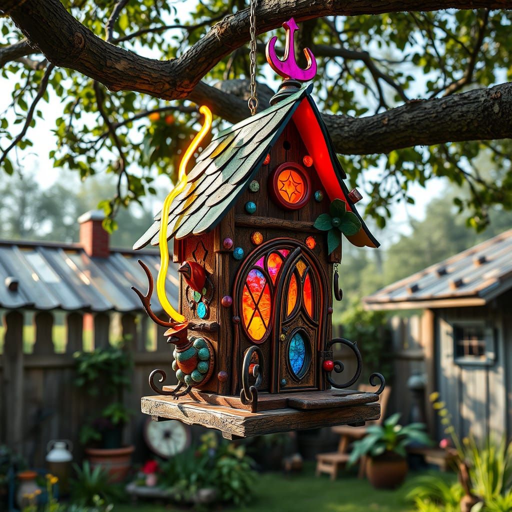 Futuristic Birdhouse in Rustic Backyard
