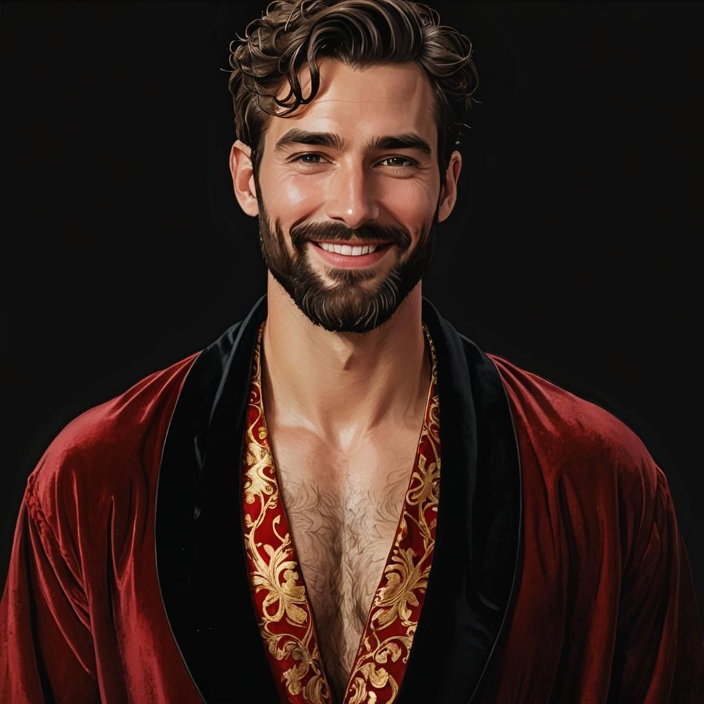 Bearded Man in Red Bathrobe, Art Nouveau Portrait
