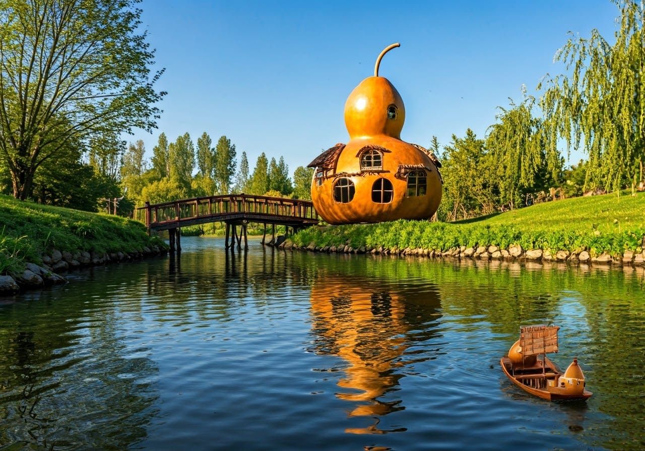 Gourd House and Boat on River