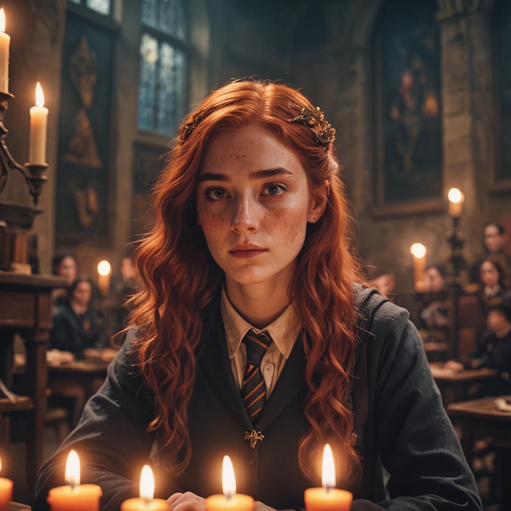 Freckled Redhead in Hogwarts Classroom: Cinematic Portrait