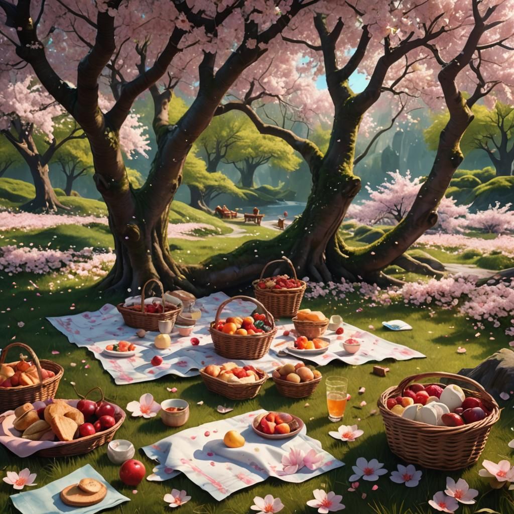 Enchanting Cherry Blossom Picnic in Fantasy Landscape