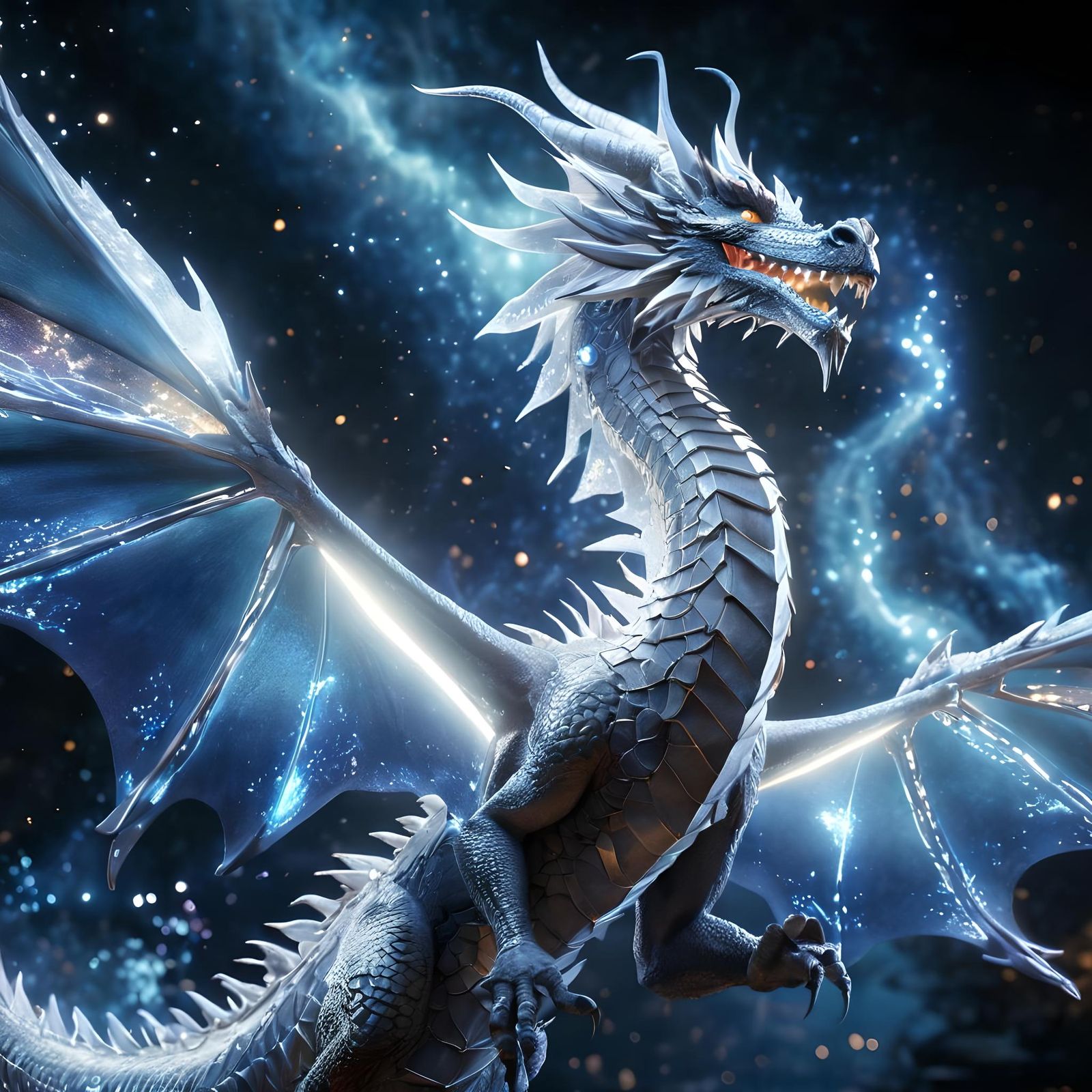 Ethereal Light Dragon Soaring in a Glittering Sky