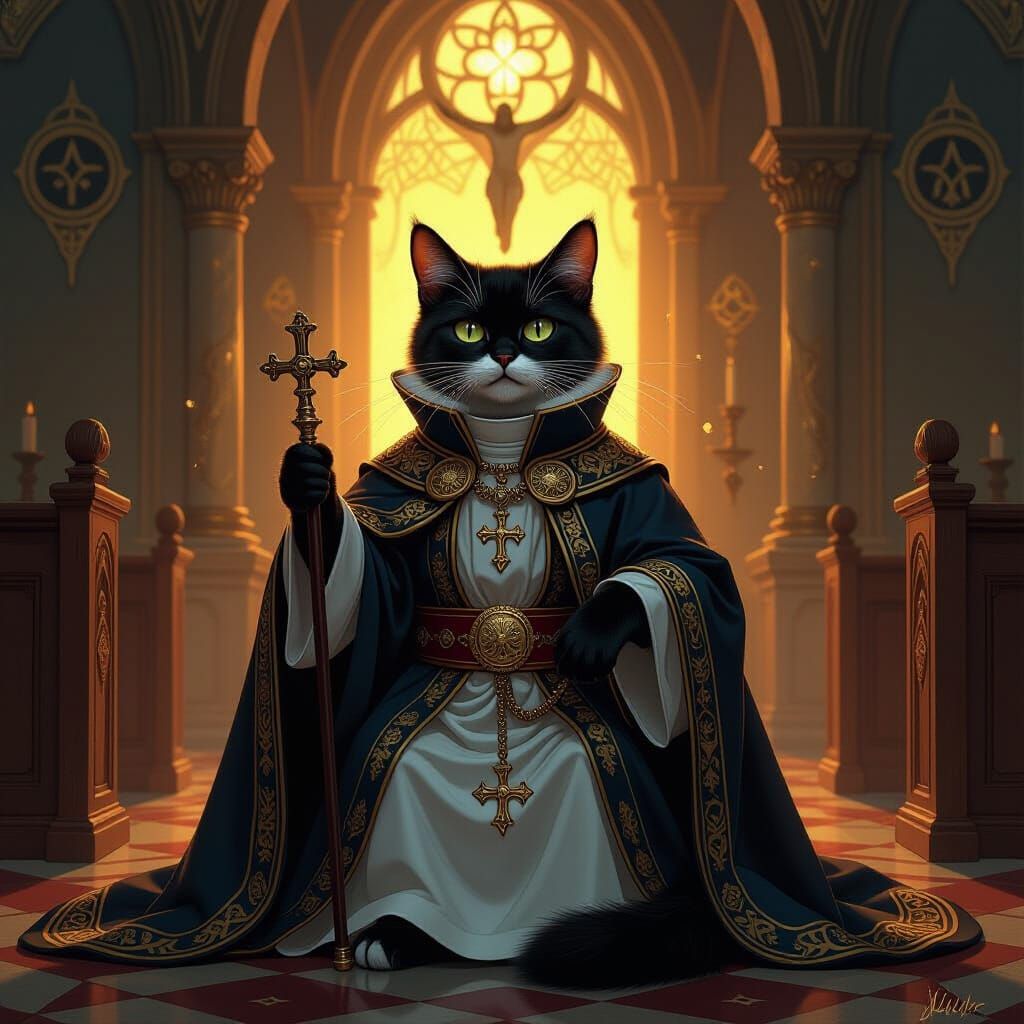 Cat Priest in Ornate Chapel, Fantasy Realism Style