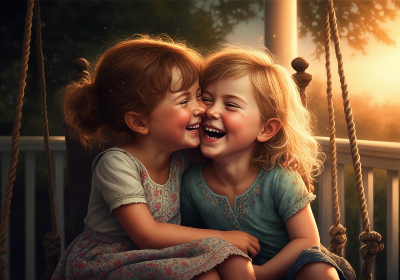 Siblings Laughing in Evening Light, Hyperrealistic Style