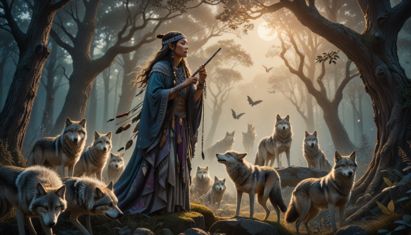 Mystical Shaman Woman Plays Native Flute in Moonlit Forest