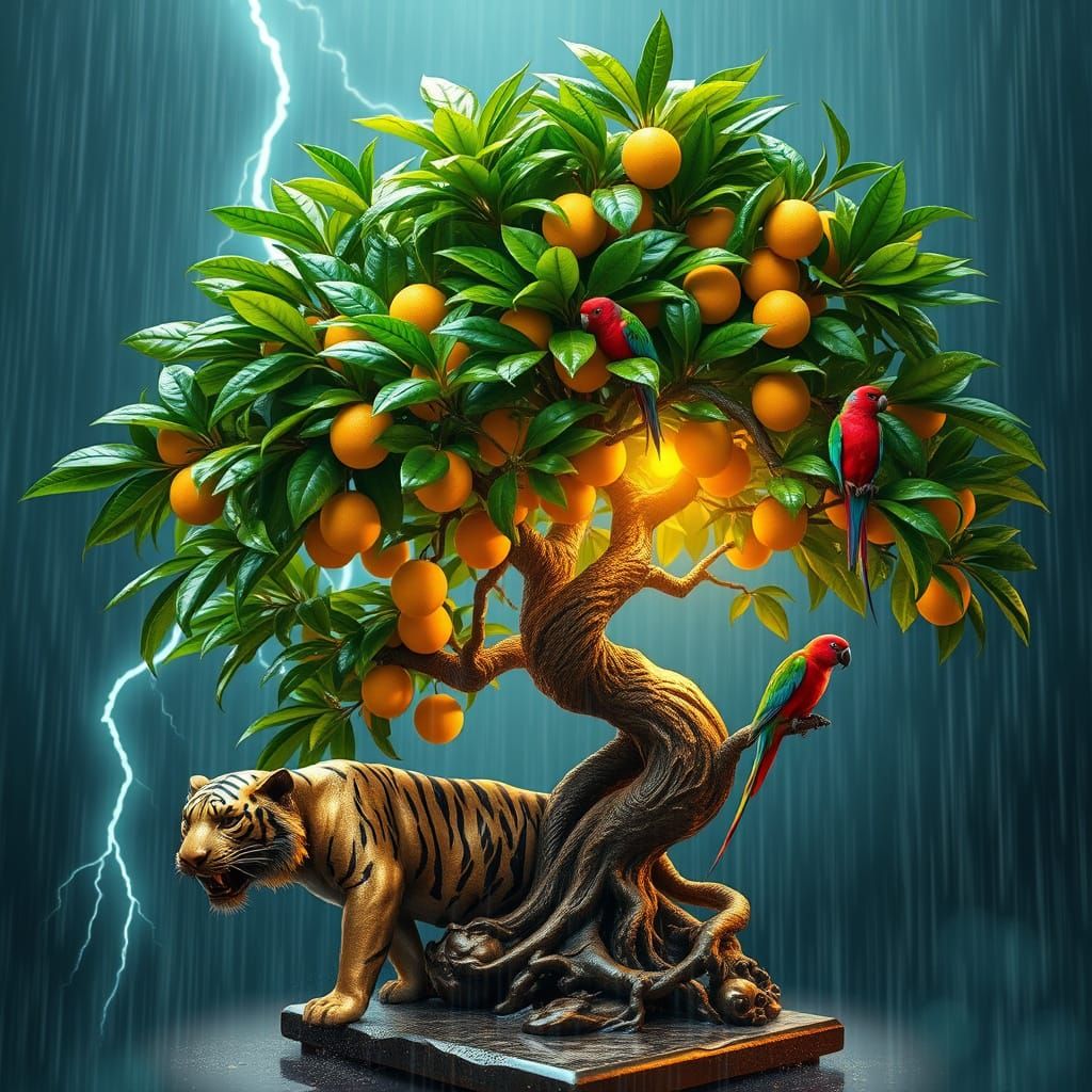 Majestic Tropical Bonsai Illuminated by Monsoon Rains in Vib...