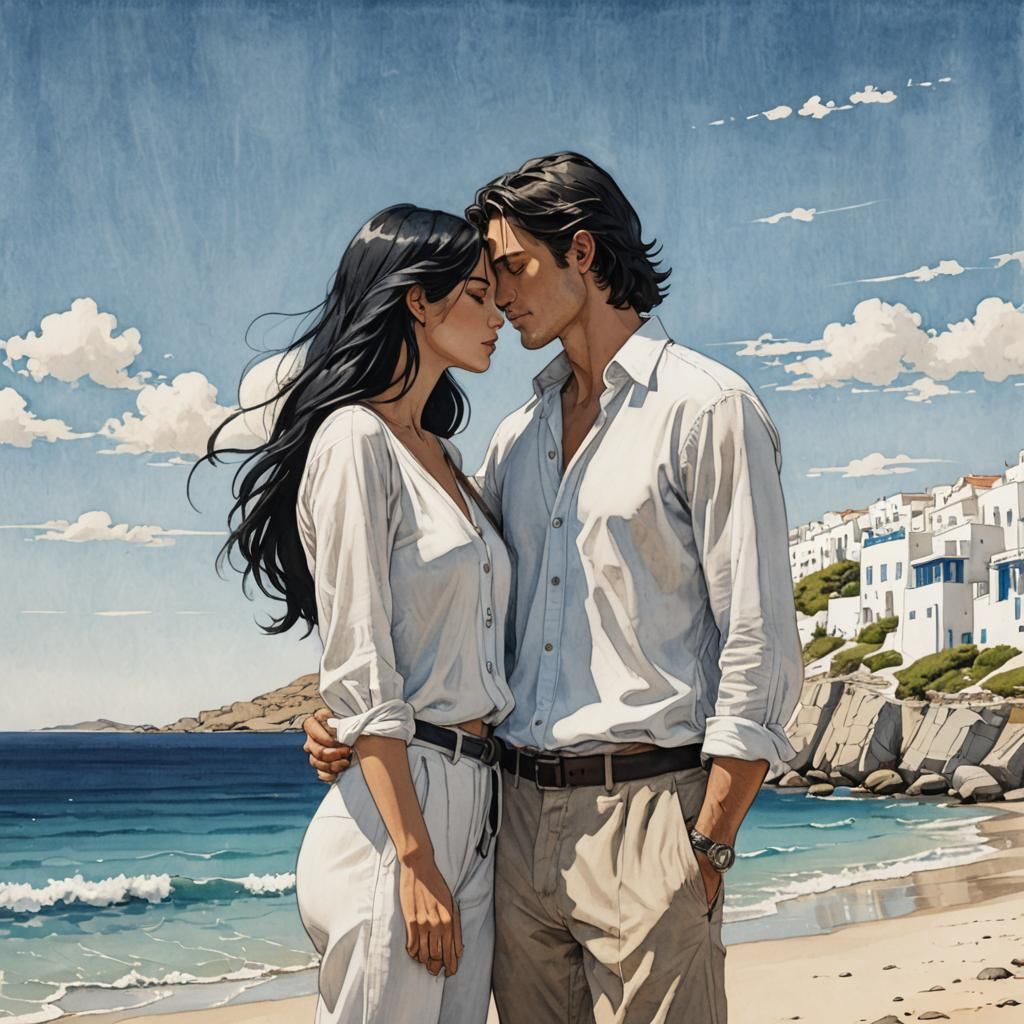 Romantic Couple Embrace on Mykonos Beach, Bande Dessinée