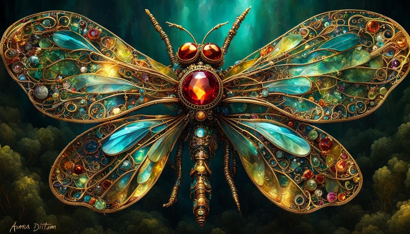 Intricate Steampunk Dragonfly with Crystal Gems